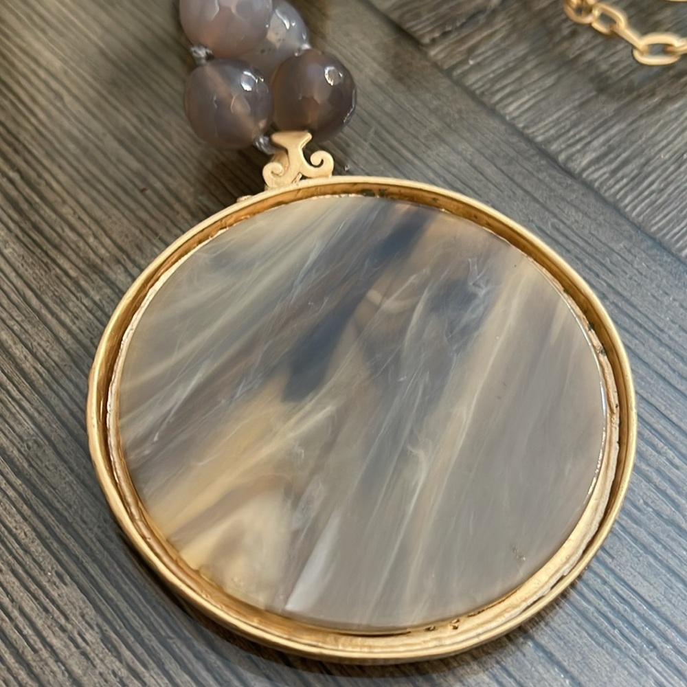 Matte Gold-tone Chain Grey Beads and Large Medallion - Picture 5 of 16